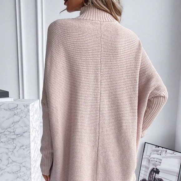 Dusty Pink Boho Womens Turtleneck Batwing Sleeve Ribbed Knit Sweater - Picture 3 of 5